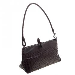 Pre Owned Bottega Veneta Dark Brown Intrecciato Woven Leather Frame Pochette