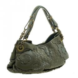 Pre Owned Bottega Veneta Green Intrecciato Leather Applique Shoulder Bag