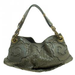 Pre Owned Bottega Veneta Green Intrecciato Leather Applique Shoulder Bag