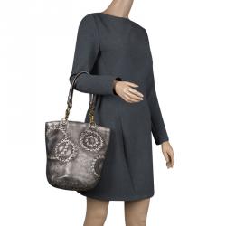 Pre Owned Bottega Veneta Metallic Silver Intrecciato Detail Cervo Leather Bucket Bag