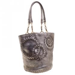 Pre Owned Bottega Veneta Metallic Silver Intrecciato Detail Cervo Leather Bucket Bag