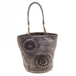 Pre Owned Bottega Veneta Metallic Silver Intrecciato Detail Cervo Leather Bucket Bag