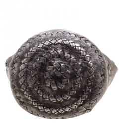 Pre Owned Bottega Veneta Metallic Silver Intrecciato Detail Cervo Leather Bucket Bag