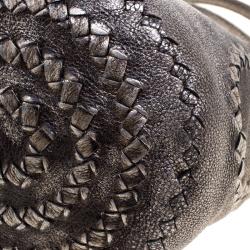 Pre Owned Bottega Veneta Metallic Silver Intrecciato Detail Cervo Leather Bucket Bag