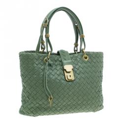Pre Owned Bottega Veneta Olive Green Leather Woven Small Capri Tote Bag