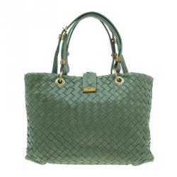 Pre Owned Bottega Veneta Olive Green Leather Woven Small Capri Tote Bag