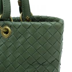 Pre Owned Bottega Veneta Olive Green Leather Woven Small Capri Tote Bag