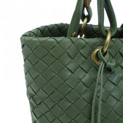 Pre Owned Bottega Veneta Olive Green Leather Woven Small Capri Tote Bag