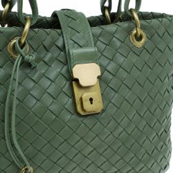 Pre Owned Bottega Veneta Olive Green Leather Woven Small Capri Tote Bag
