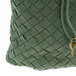 Pre Owned Bottega Veneta Olive Green Leather Woven Small Capri Tote Bag