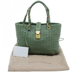 Pre Owned Bottega Veneta Olive Green Leather Woven Small Capri Tote Bag