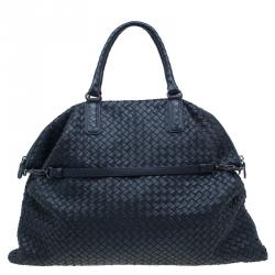 Pre Owned Bottega Veneta Dark Blue Woven Leather Large Convertible Tote Bag