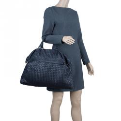 Pre Owned Bottega Veneta Dark Blue Woven Leather Large Convertible Tote Bag