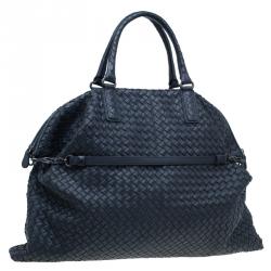 Pre Owned Bottega Veneta Dark Blue Woven Leather Large Convertible Tote Bag