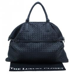 Pre Owned Bottega Veneta Dark Blue Woven Leather Large Convertible Tote Bag