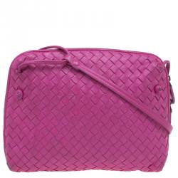 Pre Owned Bottega Veneta Pink Intrecciato Woven Leather Crossbody Bag