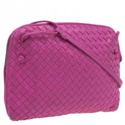 Pre Owned Bottega Veneta Pink Intrecciato Woven Leather Crossbody Bag