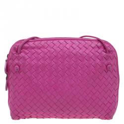 Pre Owned Bottega Veneta Pink Intrecciato Woven Leather Crossbody Bag