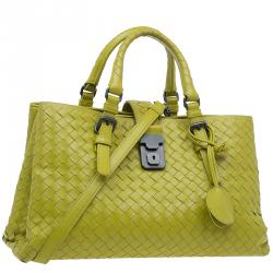 Pre Owned Bottega Veneta Lime Green Intrecciato Woven Leather Small Roma Tote Bag