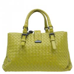 Pre Owned Bottega Veneta Lime Green Intrecciato Woven Leather Small Roma Tote Bag
