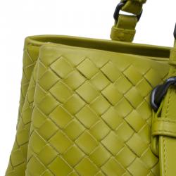 Pre Owned Bottega Veneta Lime Green Intrecciato Woven Leather Small Roma Tote Bag