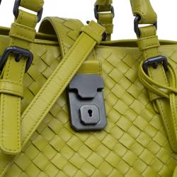 Pre Owned Bottega Veneta Lime Green Intrecciato Woven Leather Small Roma Tote Bag