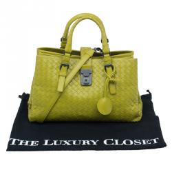 Pre Owned Bottega Veneta Lime Green Intrecciato Woven Leather Small Roma Tote Bag