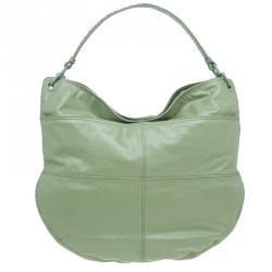 Pre Owned Bottega Veneta Mela Green Leather Woven Handle Hobo Bag
