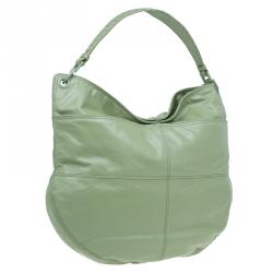Pre Owned Bottega Veneta Mela Green Leather Woven Handle Hobo Bag