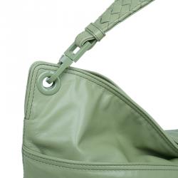 Pre Owned Bottega Veneta Mela Green Leather Woven Handle Hobo Bag