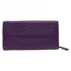 Pre Owned Bottega Veneta Purple Intrecciato Continental Flap Wallet