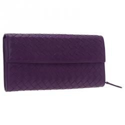 Pre Owned Bottega Veneta Purple Intrecciato Continental Flap Wallet