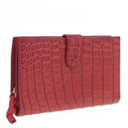 Pre Owned Bottega Veneta Red Croc Embossed Fume Wallet