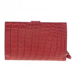 Pre Owned Bottega Veneta Red Croc Embossed Fume Wallet