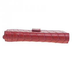 Pre Owned Bottega Veneta Red Croc Embossed Fume Wallet