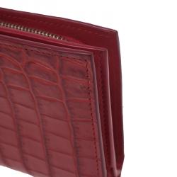 Pre Owned Bottega Veneta Red Croc Embossed Fume Wallet
