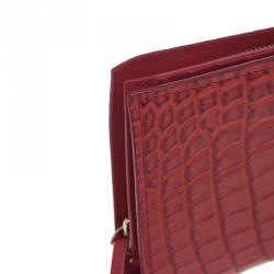 Pre Owned Bottega Veneta Red Croc Embossed Fume Wallet