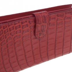 Pre Owned Bottega Veneta Red Croc Embossed Fume Wallet