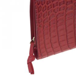 Pre Owned Bottega Veneta Red Croc Embossed Fume Wallet