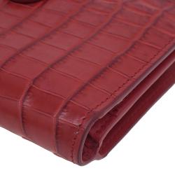 Pre Owned Bottega Veneta Red Croc Embossed Fume Wallet