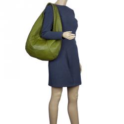 Pre Owned Bottega Veneta Olive Green Leather Large Cervo Hobo
