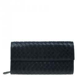 Pre Owned Bottega Veneta Black Intrecciato Leather Continental Flap Wallet