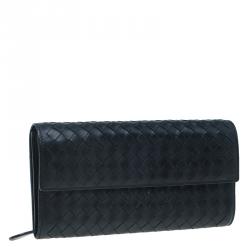 Pre Owned Bottega Veneta Black Intrecciato Leather Continental Flap Wallet