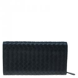Pre Owned Bottega Veneta Black Intrecciato Leather Continental Flap Wallet