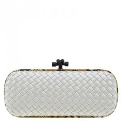 Pre Owned Bottega Veneta Off White Intrecciato Satin and Python Stretch Knot Clutch