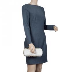 Pre Owned Bottega Veneta Off White Intrecciato Satin and Python Stretch Knot Clutch