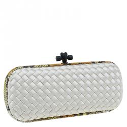 Pre Owned Bottega Veneta Off White Intrecciato Satin and Python Stretch Knot Clutch