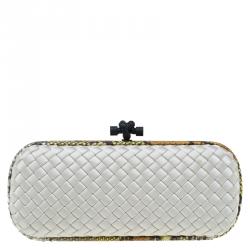Pre Owned Bottega Veneta Off White Intrecciato Satin and Python Stretch Knot Clutch