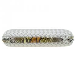 Pre Owned Bottega Veneta Off White Intrecciato Satin and Python Stretch Knot Clutch