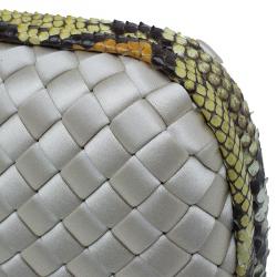 Pre Owned Bottega Veneta Off White Intrecciato Satin and Python Stretch Knot Clutch